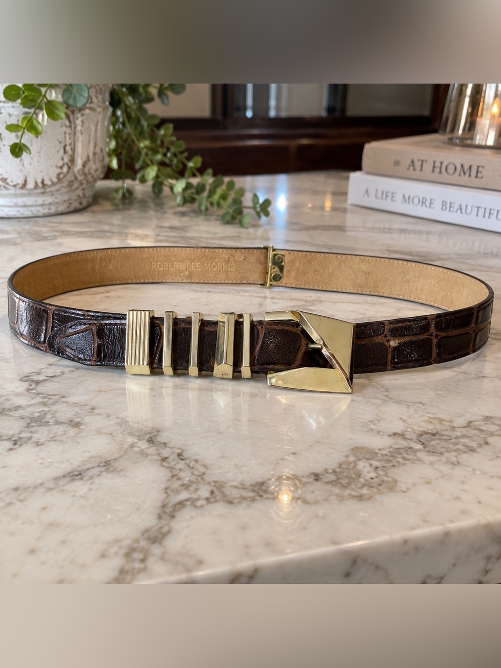 Signed Vintage Robert Lee Morris Croc Leather Gold Buckle Belt